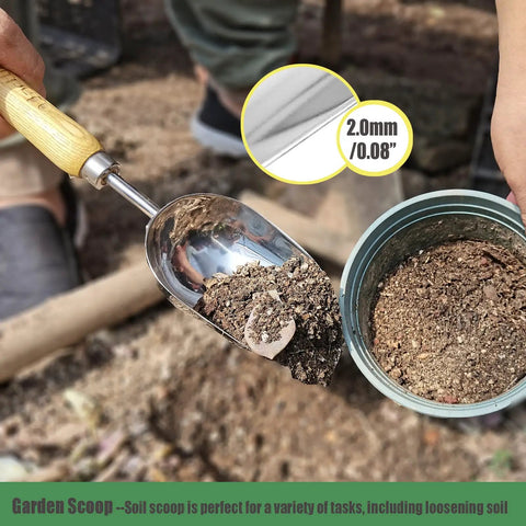 Heavy Duty Garden Trowel With Stainless Steel Blade And Ergonomic Ash Wood Handle scooping soil for planting in garden