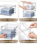 Real Slick Clear Stackable Closet Storage Drawers 4 Pack Medium Capacity 15 Quart Plastic Organizer Bins featuring smooth glide mechanism with folded clothes.