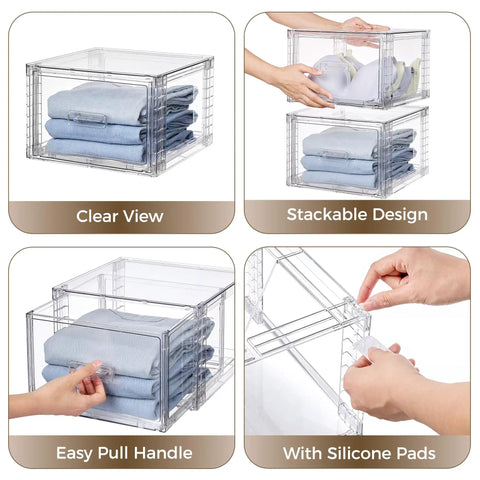 Real Slick Clear Stackable Closet Storage Drawers 4 Pack Medium Capacity 15 Quart Plastic Organizer Bins featuring smooth glide mechanism with folded clothes.