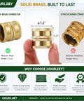 Heavy Duty 3/4 Inch Solid Brass Garden Hose Connector Set With Double Female Ends And Spare Washers, showing brass construction and measurements.