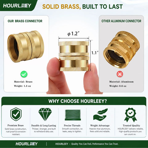 Heavy Duty 3/4 Inch Solid Brass Garden Hose Connector Set With Double Female Ends And Spare Washers, showing brass construction and measurements.