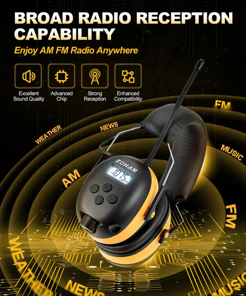 AM FM Radio Headphones With Digital Display, Noise Reduction Earmuffs, All Day Comfort Hearing Protection, Built In Radio Receiver, A Real Workhorse For Work Or Travel, Bright Yellow