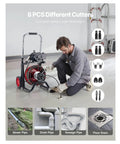 Rock Solid 100 Ft Drain Cleaner Machine 8 Cutter Sewer Snake Auger used with mobile cart and steel cable for drain blockages.