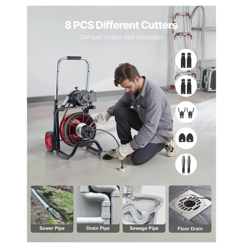 Rock Solid 100 Ft Drain Cleaner Machine 8 Cutter Sewer Snake Auger used with mobile cart and steel cable for drain blockages.