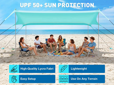 Massive 14 Ft By 11 Ft Beach Shade Canopy With Eight Sandbags, UPF 50+ Sun Shelter for Camping, Beach Setup for 8, Ocean View