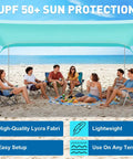 Group under Roomy Fourteen By Eleven Foot Beach Sun Shelter With UPF50 Plus Protection, Center Height Seven Point Two Feet on beach