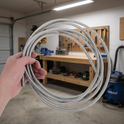 Heavy Duty Stainless Steel Bendable Conduit Sleeve for Weatherproof Cable Management, held in hand, flexible for garage projects.
