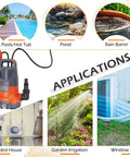 Image of 1HP Submersible Sump Pump With Float For Clean And Dirty Water 4500 GPH Portable Electric Water Transfer Pump For Pool Basement Garden Spa Hot Tub Pond Flood Yard Orange showing its applications in various settings like pools, ponds, and rain barrels.