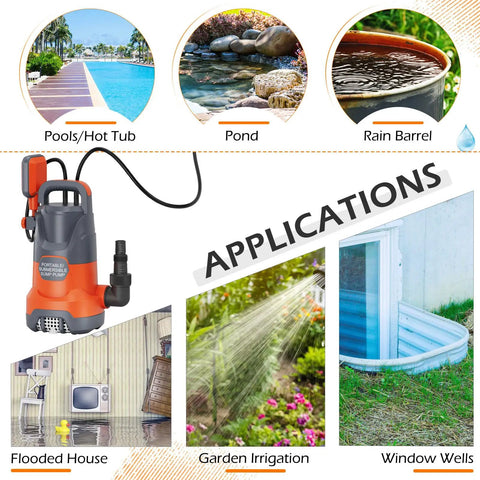 Image of 1HP Submersible Sump Pump With Float For Clean And Dirty Water 4500 GPH Portable Electric Water Transfer Pump For Pool Basement Garden Spa Hot Tub Pond Flood Yard Orange showing its applications in various settings like pools, ponds, and rain barrels.