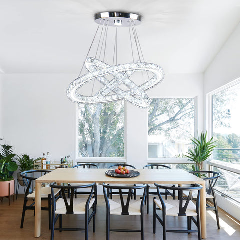 Modern LED Crystal Ring Chandelier Pendant Light With Three Rings, Adjustable Hanging Height 12 To 48 Inches, Cool White 4500K