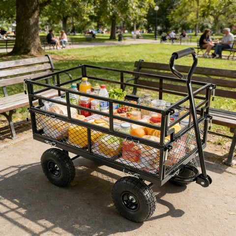 Heavy Duty Steel Dump Cart With 600 Lb Capacity Utility Wagon And Inflatable Ten Inch Tires loaded with picnic supplies in park