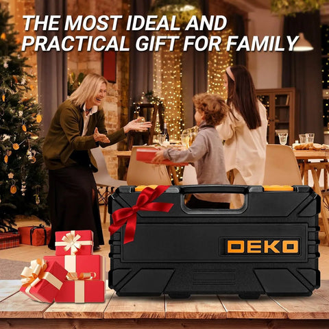62 Piece Household Tool Kit With Plastic Toolbox And Storage Case as a Christmas gift next to a decorated tree
