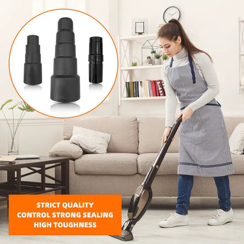 Woman using vacuum with 10 Piece Universal Vacuum Hose Adapter Set For Shop Vac, Reducer Attachments in focus, living room