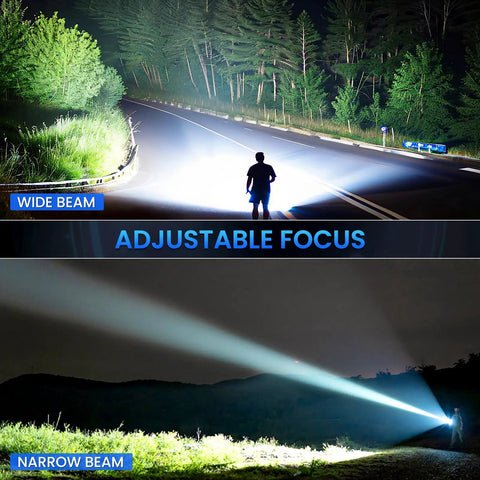 Comparison of wide and narrow beams from 3 Pack Rechargeable 99,000 Lumens LED Flashlights With Adjustable Focus And 5 Modes IPX7 Waterproof.
