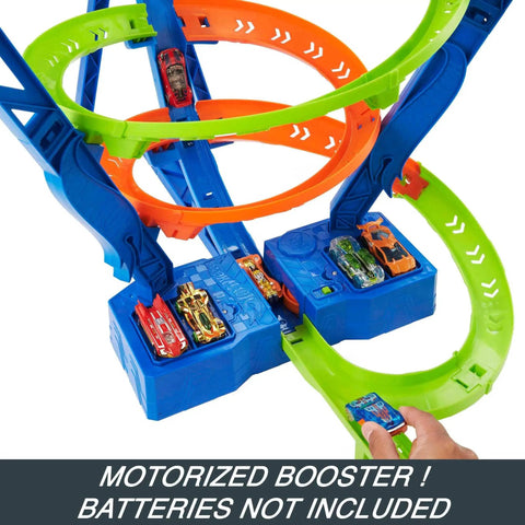 Spiral Speed Crash Track Set With Motorized Booster, 29 Inch Tall Track, featuring colorful loops and one to sixty four scale cars.