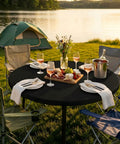 Round Fitted Tablecloth With Elastic Edge, 100 Percent Waterproof Plastic Cover, Vinyl Flannel Backed Table Protector, Black