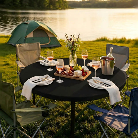 Round Fitted Tablecloth With Elastic Edge, 100 Percent Waterproof Plastic Cover, Vinyl Flannel Backed Table Protector, Black