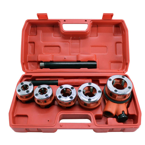 Ratcheting Pipe Threader Kit With Five Dies Three Eighths Inch To One And A Quarter Inch Pro Grade Pipe Threading Tool in case