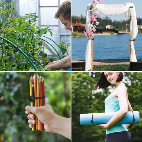 Collage of Heavy Duty Ball Bungee Cords Set With Balls 60 Piece 6 Inch Tarp Tie Downs used in gardening, arch decor, pencils, and yoga mat.