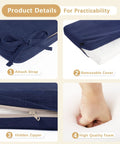 Rainproof Outdoor Bench Cushion 48 By 16 Inches with ties blue for patio furniture, showing attach strap, removable cover, hidden zipper, and high-quality foam detail.