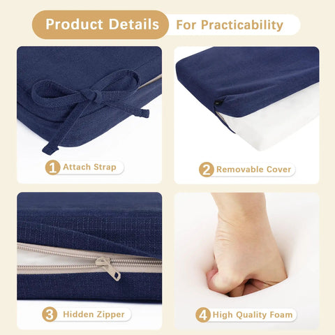Rainproof Outdoor Bench Cushion 48 By 16 Inches with ties blue for patio furniture, showing attach strap, removable cover, hidden zipper, and high-quality foam detail.