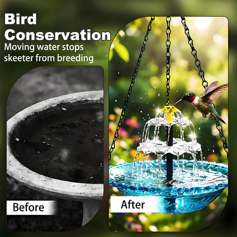 Comparison showing a before and after of a Hanging Solar Bird Bath Fountain With Glass Bowl Outdoor Garden Water Feature attracting a hummingbird.