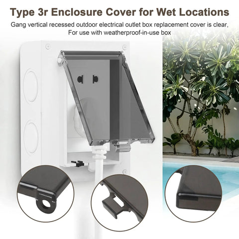 Straight Up Tough Extra Duty One Gang Vertical Outdoor Outlet Cover Compatible With Arlington Boxes Durable Weather Resistant Shield For Backyard Patio Or Driveway showing installation detail with clear protective top.
