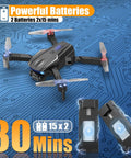 Foldable 1080P Camera Drone For Kids And Adults with 2 Batteries offering 30 mins flight time, shown on a circuit board background.