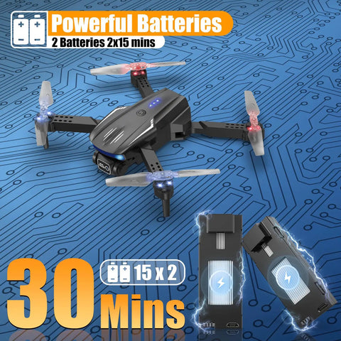 Foldable 1080P Camera Drone For Kids And Adults with 2 Batteries offering 30 mins flight time, shown on a circuit board background.