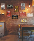 Kickback Ready Vintage Bar Tin Signs Set Of Nine For Home Bar Decor And Man Cave Wall Art 8X12 Inch Metal Plaques on brick wall.