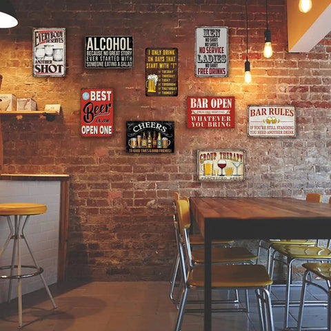 Kickback Ready Vintage Bar Tin Signs Set Of Nine For Home Bar Decor And Man Cave Wall Art 8X12 Inch Metal Plaques on brick wall.