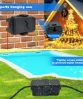 Weatherproof Outdoor Electrical Box IP54 with dual cable ports, black, installed by brick wall and pool, showcasing moisture protection.