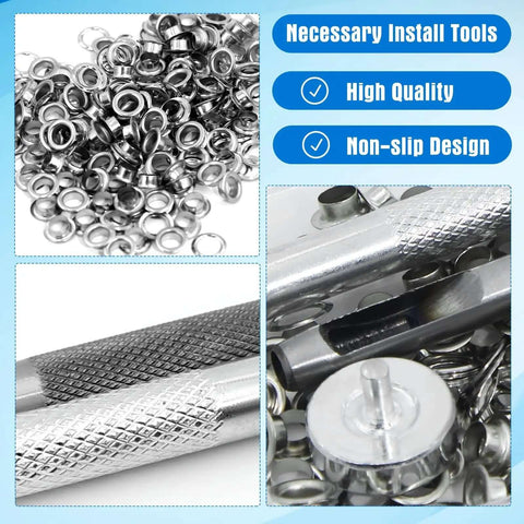 Durable Quarter Inch Grommet Kit With Tool Set Of 120 Metal Eyelets And Punch Tools In A Handy Storage Case showing metal eyelets and tools