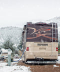 RV in snowy landscape using 12 Foot Heated Drinking Water Hose With Freeze Protection Down To Minus 40 Degrees Energy Saving Thermostat.