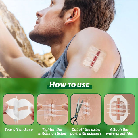 Side view of a man with a beige adhesive bandage patch on the shoulder; first-aid patch with white strips