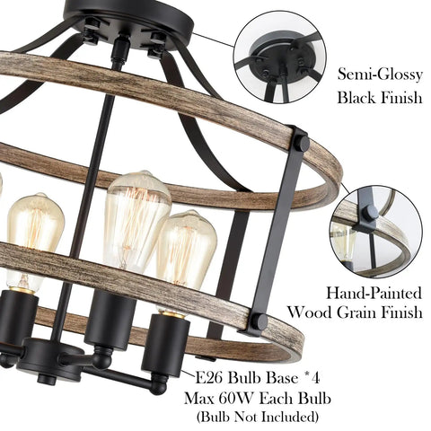 Farmhouse 4 Light Ceiling Fixture, 18-Inch Rustic Drum Cage Semi Flush Mount Light In Black And Wood Grain Finish