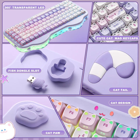 Top Tier Wireless Mechanical Keyboard With Dope Dessert Vibe And Compact 75 Percent Layout Featuring Hot Swap Switches Premium Pbt Keycaps And Butter Smooth Milk Springs For Chill Typing Sessions Or Epic Gaming Runs, showing cat design and cute keycaps.