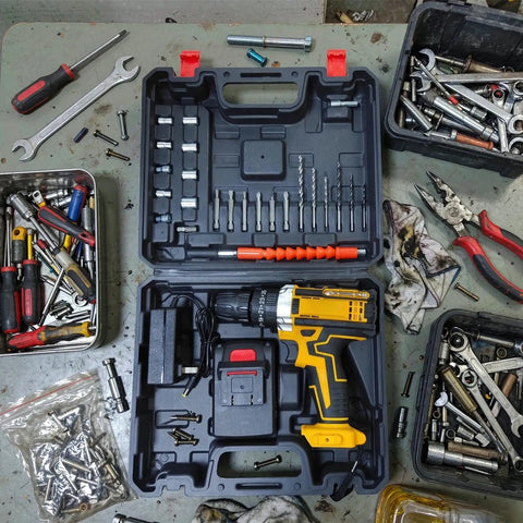 21V Cordless Drill And Screwdriver Set Boasts Multiple Drive Modes And Adjustable Torque For Precision Work On Light Materials, shown in tool kit with bits.