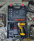 Heavy Duty Cordless Power Drill And 21V Electric Screwdriver Set With Adjustable Torque for multipurpose home repairs in tool case.
