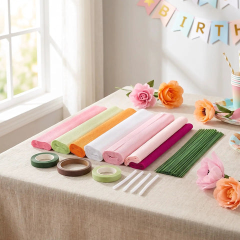 DIY Crepe Paper Flower Kit With Precut Sheets And Metal Wire For Realistic Bouquets Easy To Shape Flowers All In One Floral Stem Craft Set For Weddings And Scrapbooking, folded sheets