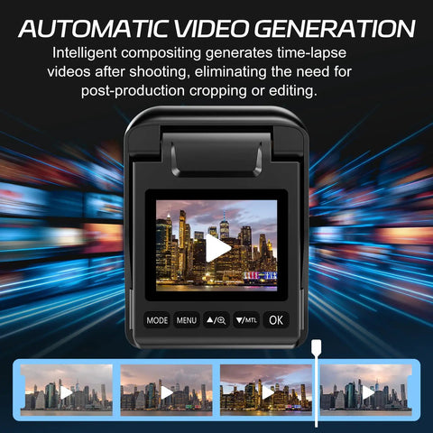 Outdoor Time Lapse Camera With WiFi 4K Timelapse Video Capture screen showing cityscape timelapse and editing features on display