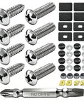 Heavy Duty Stainless Steel License Plate Screws Complete Mounting Kit includes bolts, nuts, washers, and screwdriver.