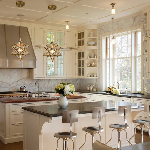 Kitchen with Modern Gold Moravian Star Pendant Light With Clear Glass Shade Adjustable 47.2 Inch Hanging Wire Handcrafted Brass Star