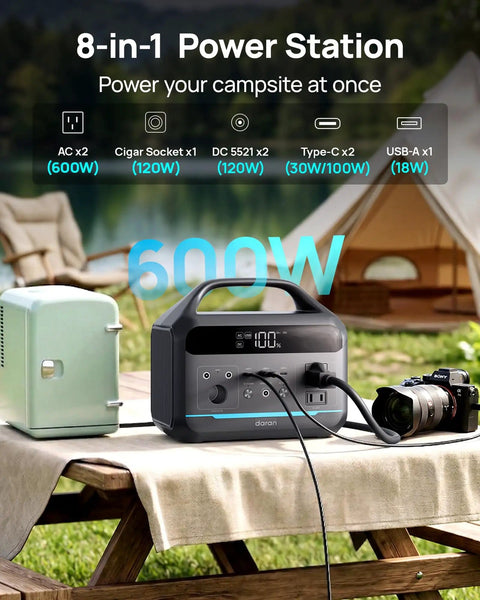 Ultra Portable Power Station 600W Peak 1200W, 288Wh LiFePO4 Solar Generator on camping table next to camera and mini fridge.