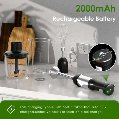 5-In-1 Cordless Immersion Blender With Rechargeable Battery Slick Handheld Mixing Wand For Soups And Smoothies Zero Cords Attached Wireless Tool with 2000mAh battery.