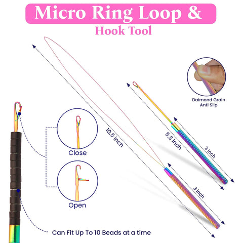 Micro Links Hair Extensions Kit With Stainless Steel Beads Closer And Remover Pliers, Pulling Hook, Bead Tool, Loop Needle, And Leather Pouch For Quick, No Fuss Feather And Hair Extensions. 10.5-inch rainbow loop hook tool