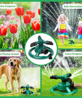 360 Degree Rotating Lawn Sprinkler For Yard And Garden displayed watering flowers, kids, and pets, easy US hose connection