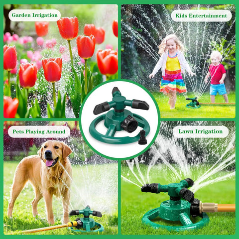 360 Degree Rotating Lawn Sprinkler For Yard And Garden displayed watering flowers, kids, and pets, easy US hose connection