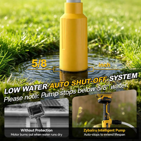 Cordless Stick Transfer Pump With Hookup To Dewalt 20V Max for efficient water drainage with auto shut-off system in action.