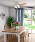 52 Inch Indoor Ceiling Fan With LED Lights And Pull Chain, low profile flush mount in dining room with wooden table and chairs, fresh white finish